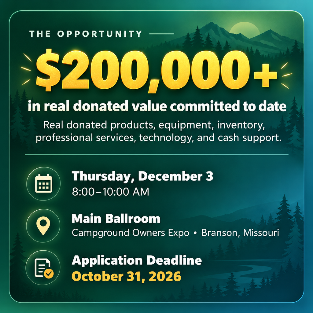 $200,000 in real donated value committed to date. Real donated products, equipment, inventory, professional services, technology, and cash support. Attend the Campground Makeover LIVE for 2026 at the Campground Owners Expo on Thursday December 3 starting at 8am in the main ballroom of the Branson Convention Center. Apply by October 31, 2026.